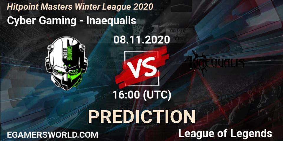 Pronósticos Cyber Gaming - Inaequalis. 08.11.2020 at 16:00. Hitpoint Masters Winter League 2020 - LoL