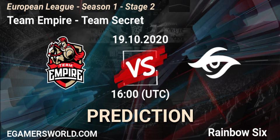 Pronósticos Team Empire - Team Secret. 19.10.20. European League - Season 1 - Stage 2 - Rainbow Six