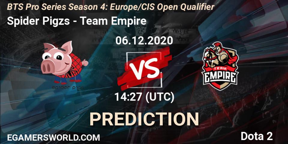 Pronósticos Spider Pigzs - Team Empire. 06.12.2020 at 14:26. BTS Pro Series Season 4: Europe/CIS Open Qualifier - Dota 2