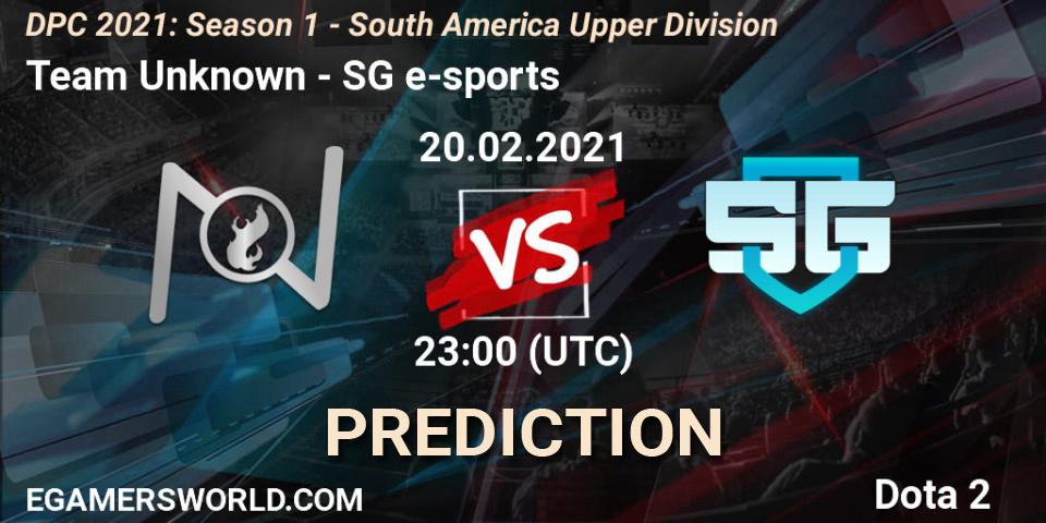 Pronósticos Team Unknown - SG e-sports. 20.02.2021 at 23:00. DPC 2021: Season 1 - South America Upper Division - Dota 2