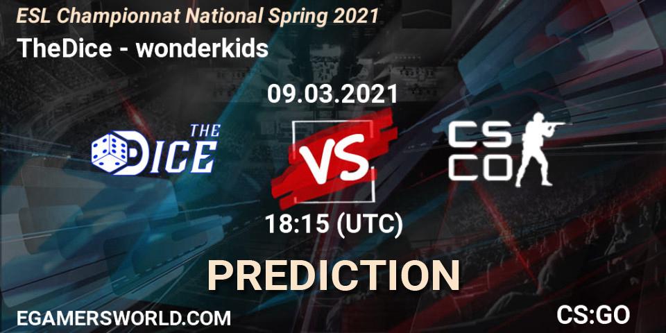 Pronósticos TheDice - wonderkids. 09.03.2021 at 19:30. ESL Championnat National Spring 2021 - Counter-Strike (CS2)