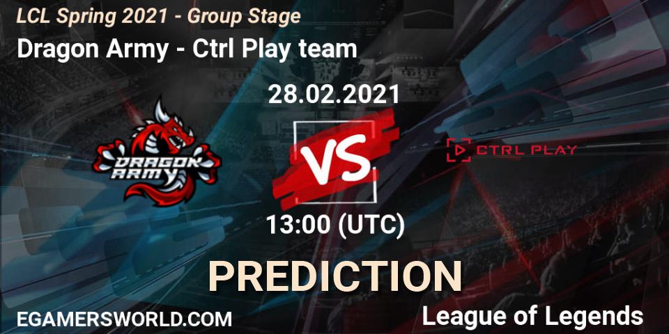 Pronósticos Dragon Army - Ctrl Play team. 28.02.2021 at 13:00. LCL Spring 2021 - Group Stage - LoL