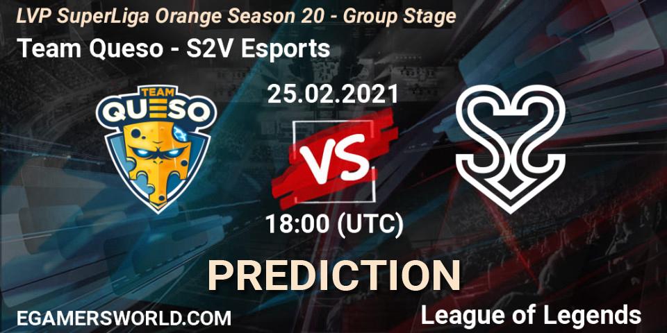 Pronósticos Team Queso - S2V Esports. 25.02.2021 at 18:00. LVP SuperLiga Orange Season 20 - Group Stage - LoL