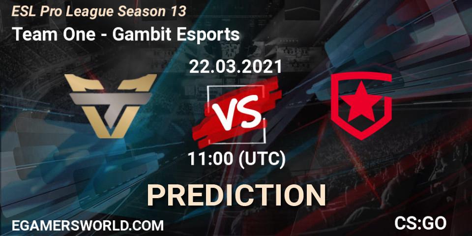 Pronósticos Team One - Gambit Esports. 22.03.2021 at 11:00. ESL Pro League Season 13 - Counter-Strike (CS2)