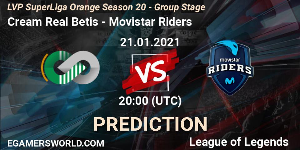 Pronósticos Cream Real Betis - Movistar Riders. 21.01.2021 at 20:00. LVP SuperLiga Orange Season 20 - Group Stage - LoL