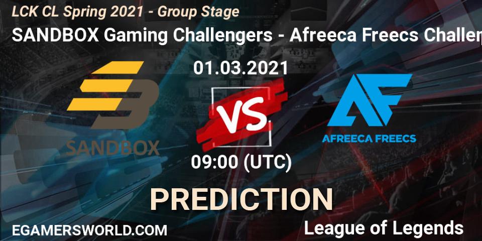 Pronósticos SANDBOX Gaming Challengers - Afreeca Freecs Challengers. 01.03.2021 at 09:00. LCK CL Spring 2021 - Group Stage - LoL