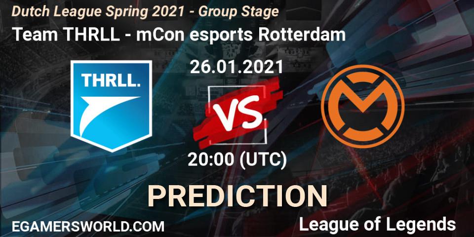 Pronósticos Team THRLL - mCon esports Rotterdam. 26.01.2021 at 20:15. Dutch League Spring 2021 - Group Stage - LoL
