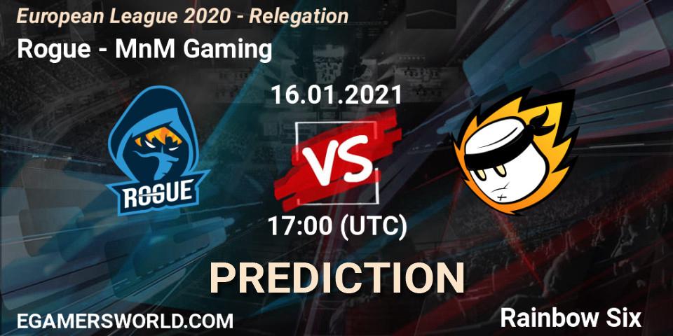 Pronósticos Rogue - MnM Gaming. 16.01.2021 at 17:00. European League 2020 - Relegation - Rainbow Six