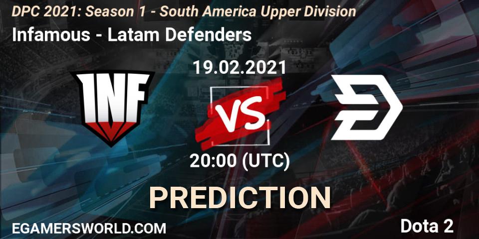 Pronósticos Infamous - Latam Defenders. 19.02.2021 at 20:00. DPC 2021: Season 1 - South America Upper Division - Dota 2