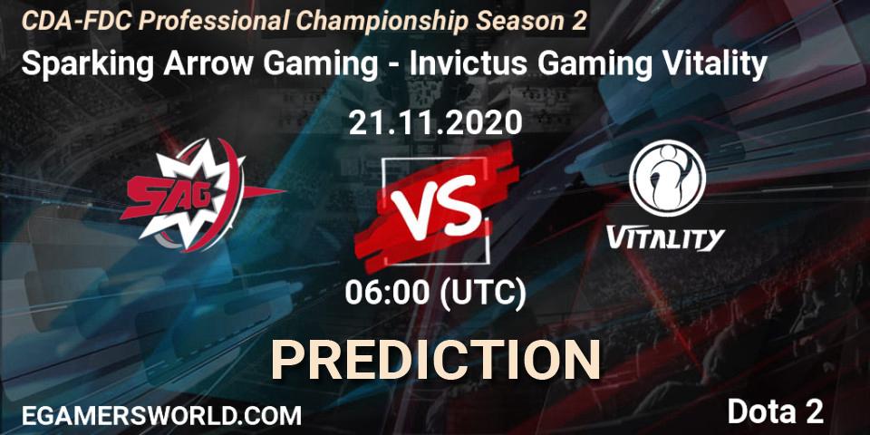 Pronósticos Sparking Arrow Gaming - Invictus Gaming Vitality. 21.11.2020 at 06:04. CDA-FDC Professional Championship Season 2 - Dota 2