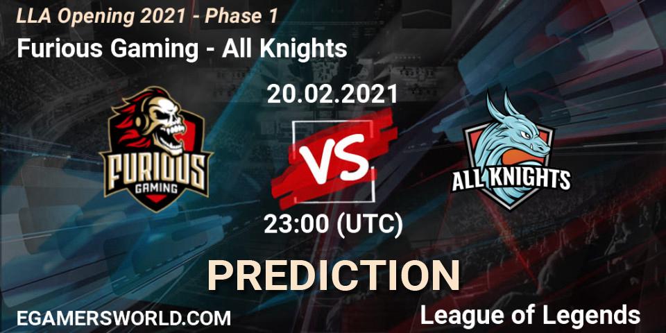 Pronósticos Furious Gaming - All Knights. 21.02.2021 at 01:00. LLA Opening 2021 - Phase 1 - LoL