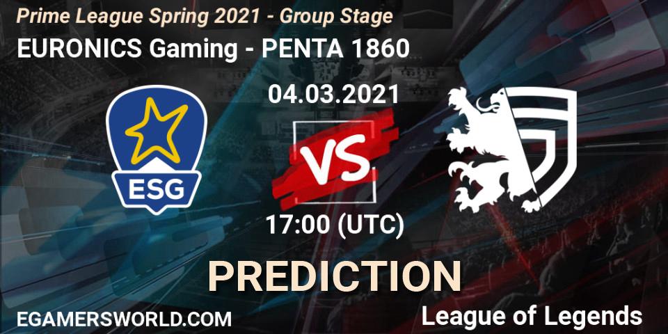 Pronósticos EURONICS Gaming - PENTA 1860. 04.03.2021 at 21:45. Prime League Spring 2021 - Group Stage - LoL