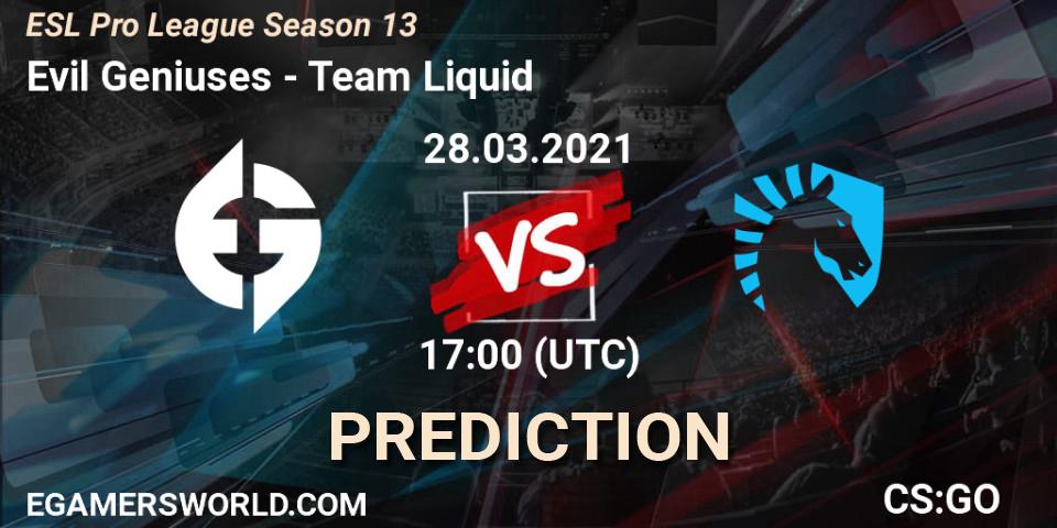 Pronósticos Evil Geniuses - Team Liquid. 28.03.2021 at 17:00. ESL Pro League Season 13 - Counter-Strike (CS2)