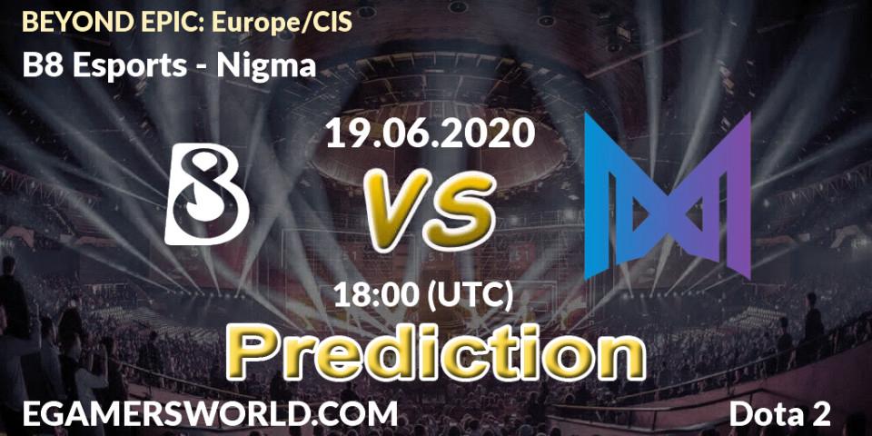 Pronósticos B8 Esports - Nigma. 19.06.2020 at 17:40. BEYOND EPIC: Europe/CIS - Dota 2