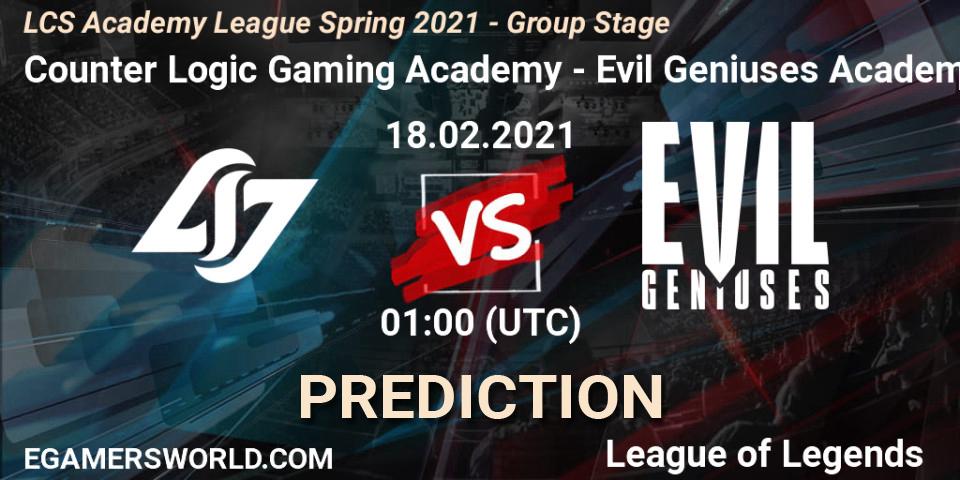 Pronósticos Counter Logic Gaming Academy - Evil Geniuses Academy. 18.02.2021 at 01:00. LCS Academy League Spring 2021 - Group Stage - LoL