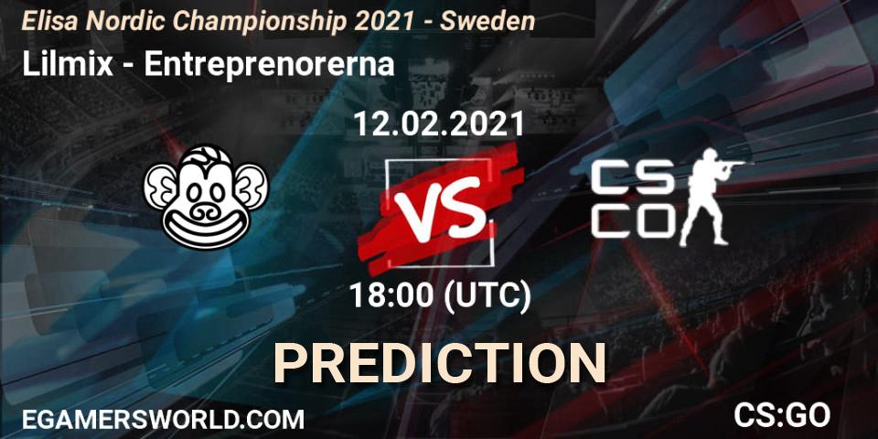 Pronósticos Lilmix - Entreprenorerna. 12.02.2021 at 18:00. Elisa Nordic Championship 2021 - Sweden - Counter-Strike (CS2)