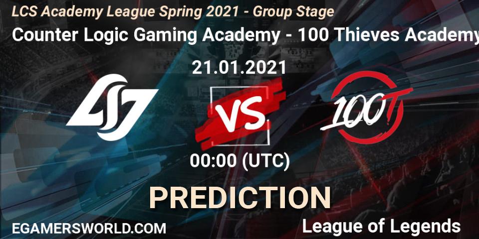 Pronósticos Counter Logic Gaming Academy - 100 Thieves Academy. 21.01.2021 at 00:00. LCS Academy League Spring 2021 - Group Stage - LoL