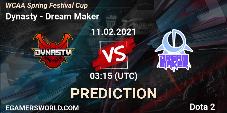 Pronósticos Dynasty - Dream Maker. 11.02.2021 at 03:38. WCAA Spring Festival Cup - Dota 2