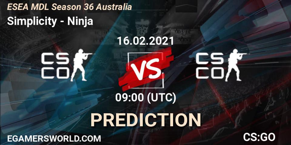 Pronósticos Simplicity - Ninja. 16.02.2021 at 09:00. MDL ESEA Season 36: Australia - Premier Division - Counter-Strike (CS2)