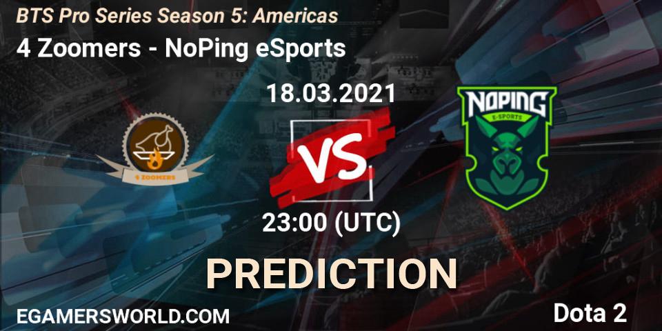Pronósticos 4 Zoomers - NoPing eSports. 18.03.2021 at 22:30. BTS Pro Series Season 5: Americas - Dota 2