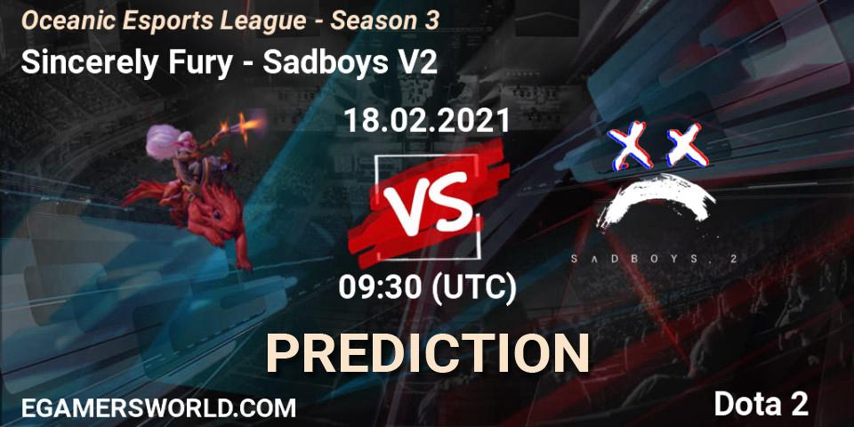 Pronósticos Sincerely Fury - Sadboys V2. 20.02.2021 at 03:39. Oceanic Esports League - Season 3 - Dota 2