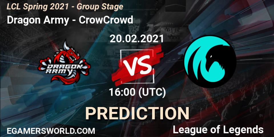 Pronósticos Dragon Army - CrowCrowd. 20.02.2021 at 16:00. LCL Spring 2021 - Group Stage - LoL