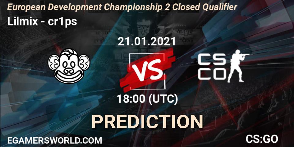 Pronósticos Lilmix - cR1Ps. 21.01.2021 at 17:45. European Development Championship Season 2: Closed Qualifier - Counter-Strike (CS2)