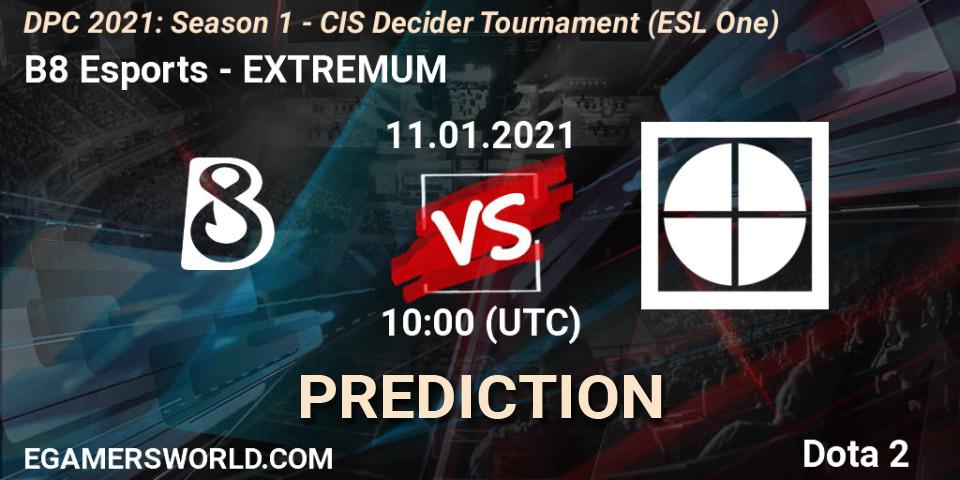 Pronósticos B8 Esports - EXTREMUM. 11.01.2021 at 10:00. DPC 2021: Season 1 - CIS Decider Tournament (ESL One) - Dota 2
