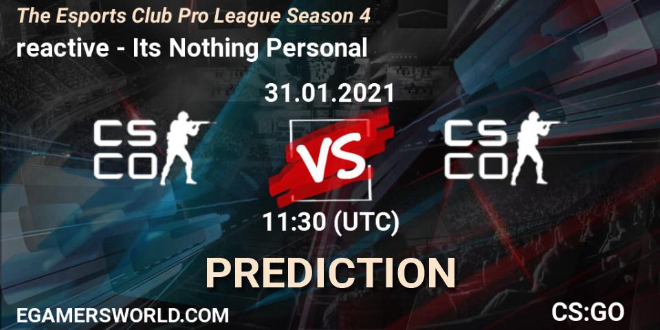 Pronósticos reactive - Its Nothing Personal. 31.01.2021 at 11:30. The Esports Club Pro League Season 4 - Counter-Strike (CS2)
