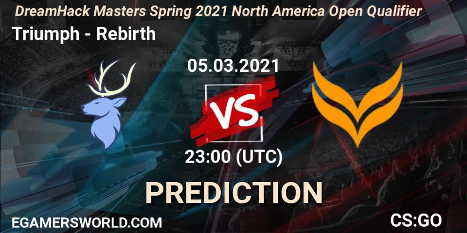 Pronósticos Triumph - Rebirth. 05.03.2021 at 23:00. DreamHack Masters Spring 2021 North America Open Qualifier - Counter-Strike (CS2)