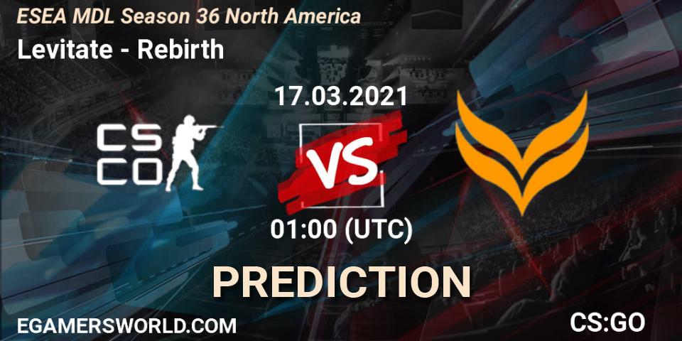 Pronósticos Levitate - Rebirth. 17.03.2021 at 01:00. MDL ESEA Season 36: North America - Premier Division - Counter-Strike (CS2)