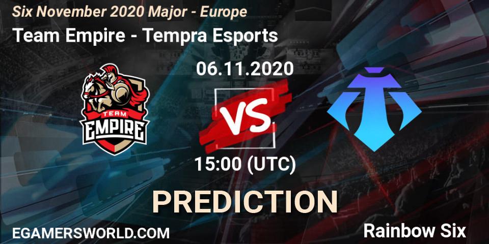 Pronósticos Team Empire - Tempra Esports. 06.11.2020 at 15:00. Six November 2020 Major - Europe - Rainbow Six
