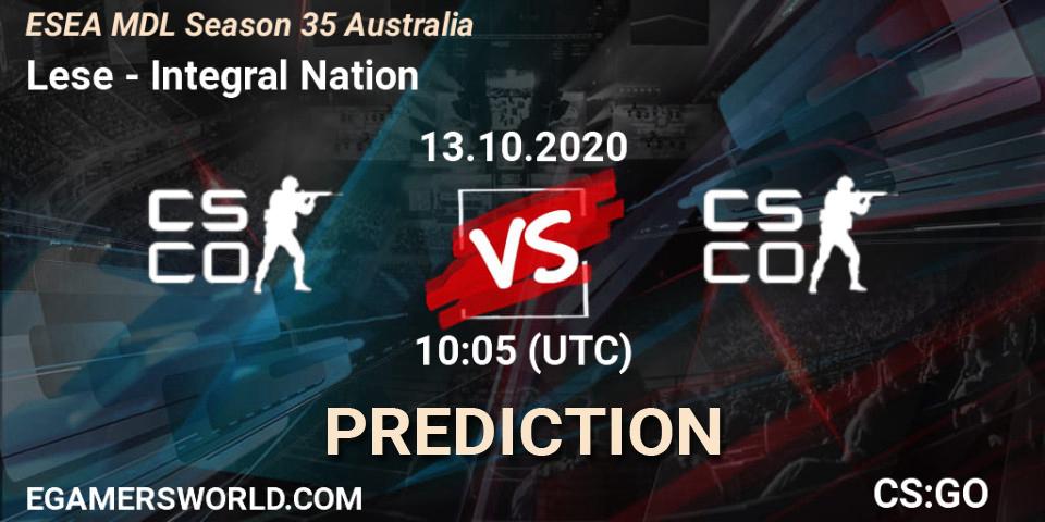 Pronósticos Lese - Integral Nation. 13.10.2020 at 10:05. ESEA MDL Season 35 Australia - Counter-Strike (CS2)