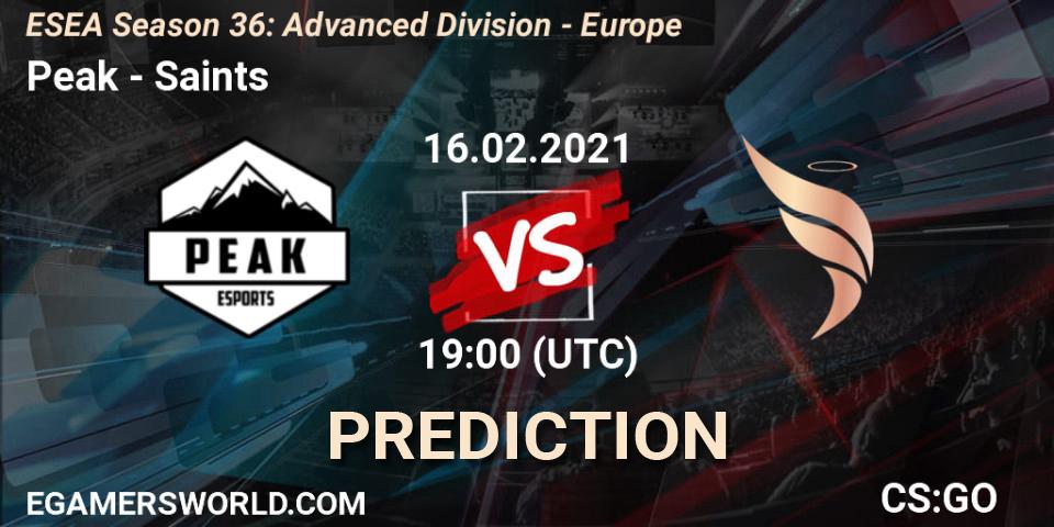 Pronósticos Peak - Saints. 16.02.2021 at 19:00. ESEA Season 36: Europe - Advanced Division - Counter-Strike (CS2)