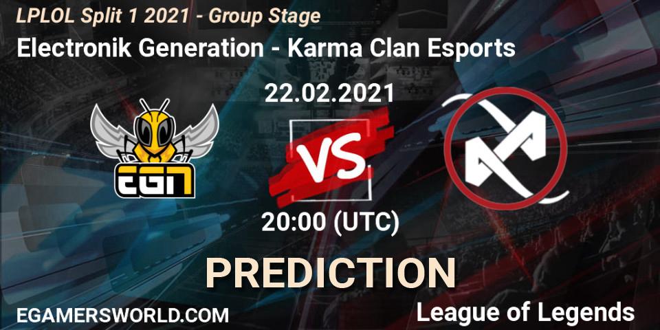 Pronósticos Electronik Generation - Karma Clan Esports. 22.02.2021 at 20:00. LPLOL Split 1 2021 - Group Stage - LoL