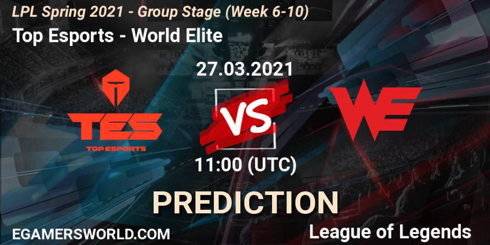 Pronósticos Top Esports - World Elite. 27.03.2021 at 11:45. LPL Spring 2021 - Group Stage (Week 6-10) - LoL