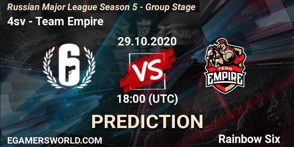 Pronósticos 4sv - Team Empire. 29.10.2020 at 18:00. Russian Major League Season 5 - Group Stage - Rainbow Six