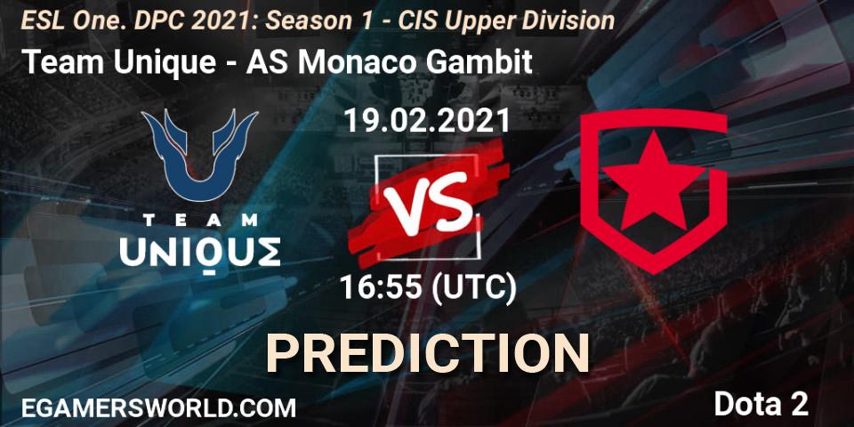 Pronósticos Team Unique - AS Monaco Gambit. 19.02.2021 at 16:55. ESL One. DPC 2021: Season 1 - CIS Upper Division - Dota 2