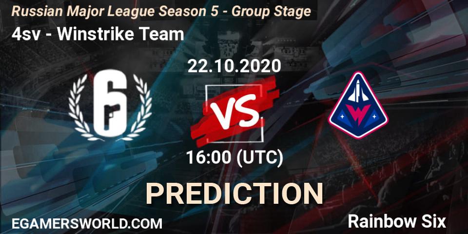Pronósticos 4sv - Winstrike Team. 22.10.2020 at 16:00. Russian Major League Season 5 - Group Stage - Rainbow Six