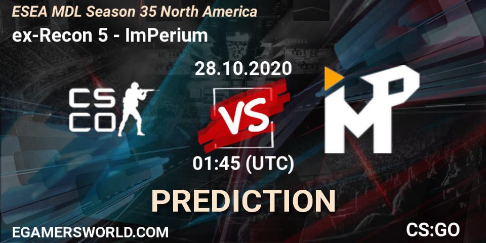 Pronósticos ex-Recon 5 - ImPerium. 28.10.2020 at 01:45. ESEA MDL Season 35 North America - Counter-Strike (CS2)