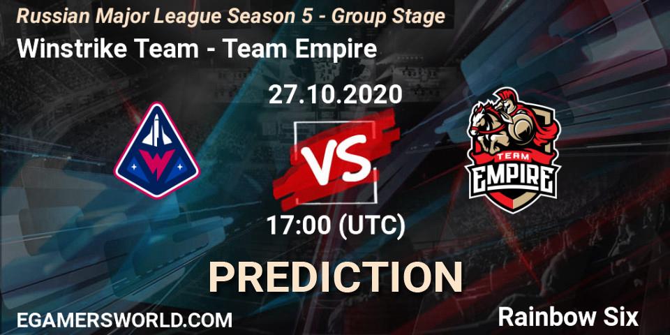 Pronósticos Winstrike Team - Team Empire. 27.10.2020 at 17:00. Russian Major League Season 5 - Group Stage - Rainbow Six