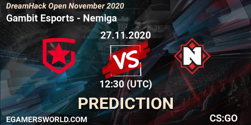 Pronósticos Gambit Esports - Nemiga. 27.11.2020 at 12:10. DreamHack Open November 2020 - Counter-Strike (CS2)