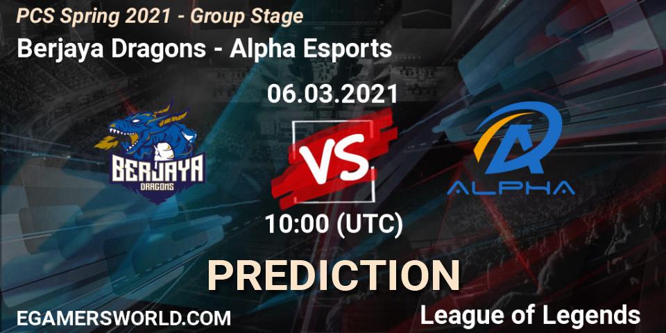 Pronósticos Berjaya Dragons - Alpha Esports. 06.03.2021 at 10:00. PCS Spring 2021 - Group Stage - LoL