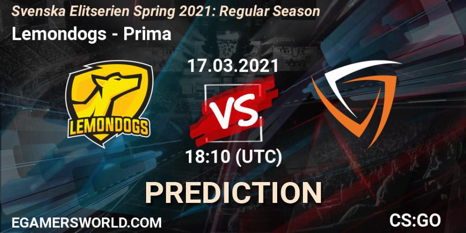 Pronósticos Lemondogs - Prima. 17.03.2021 at 18:10. Svenska Elitserien Spring 2021: Regular Season - Counter-Strike (CS2)
