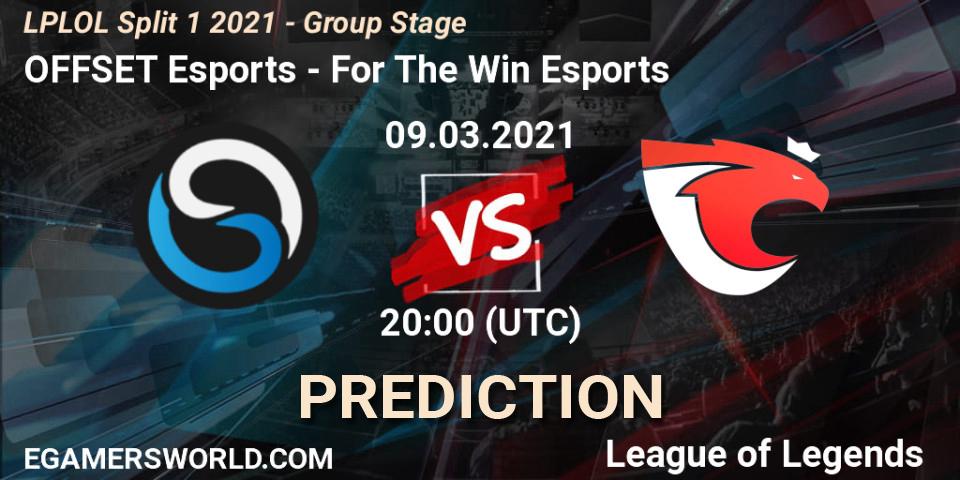 Pronósticos OFFSET Esports - For The Win Esports. 09.03.2021 at 20:00. LPLOL Split 1 2021 - Group Stage - LoL