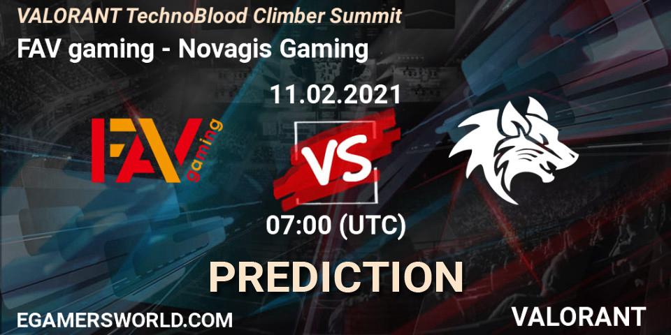 Pronósticos FAV gaming - Novagis Gaming. 11.02.2021 at 07:00. VALORANT TechnoBlood Climber Summit - VALORANT