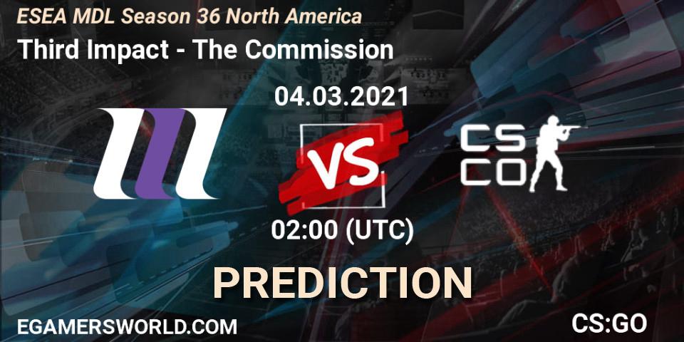 Pronósticos Third Impact - The Commission. 04.03.2021 at 02:00. MDL ESEA Season 36: North America - Premier Division - Counter-Strike (CS2)