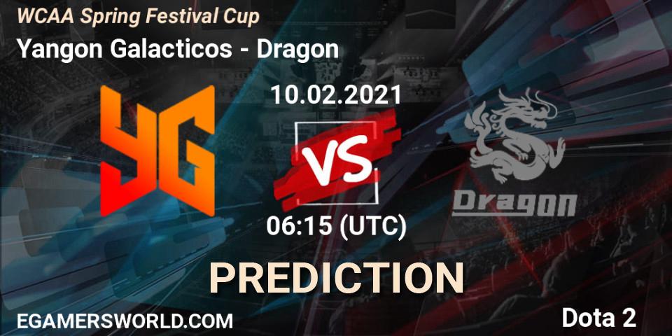 Pronósticos Yangon Galacticos - Dragon. 10.02.2021 at 06:40. WCAA Spring Festival Cup - Dota 2