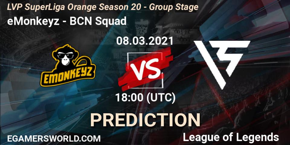 Pronósticos eMonkeyz - BCN Squad. 08.03.2021 at 18:00. LVP SuperLiga Orange Season 20 - Group Stage - LoL