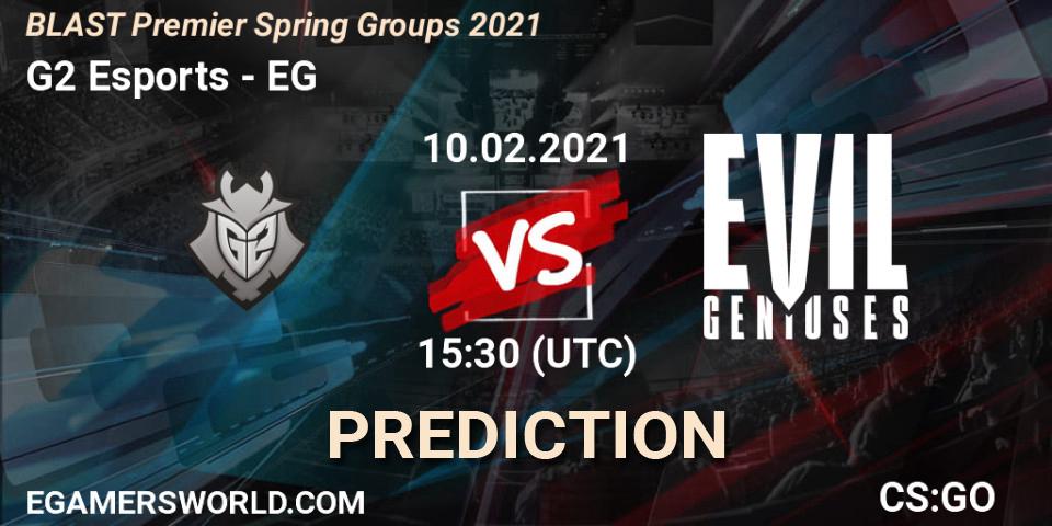 Pronósticos G2 Esports - Evil Geniuses. 10.02.2021 at 15:30. BLAST Premier Spring Groups 2021 - Counter-Strike (CS2)